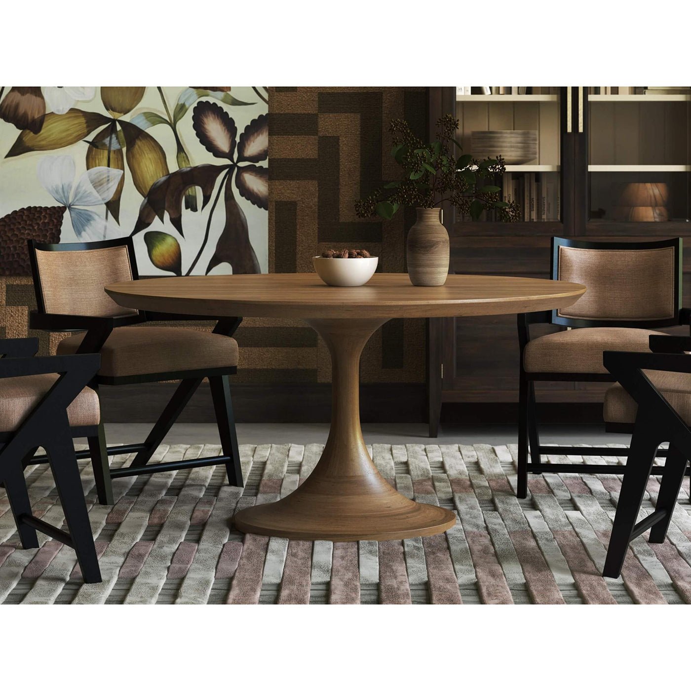 Dining setup with Black Mid-Century Armchairs and table.