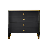 Black mid-century nightstand with four drawers front view.