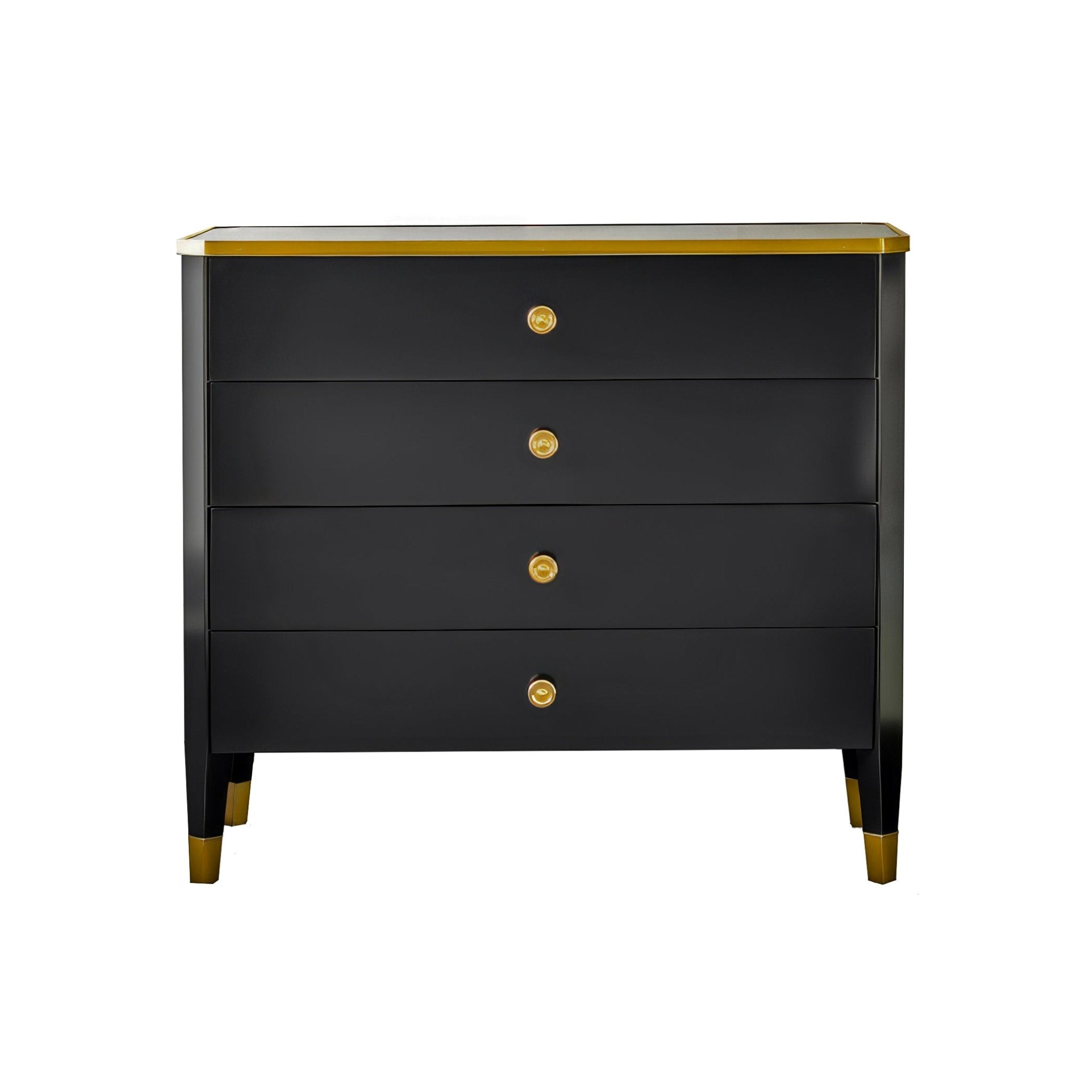 Black mid-century nightstand with four drawers front view.