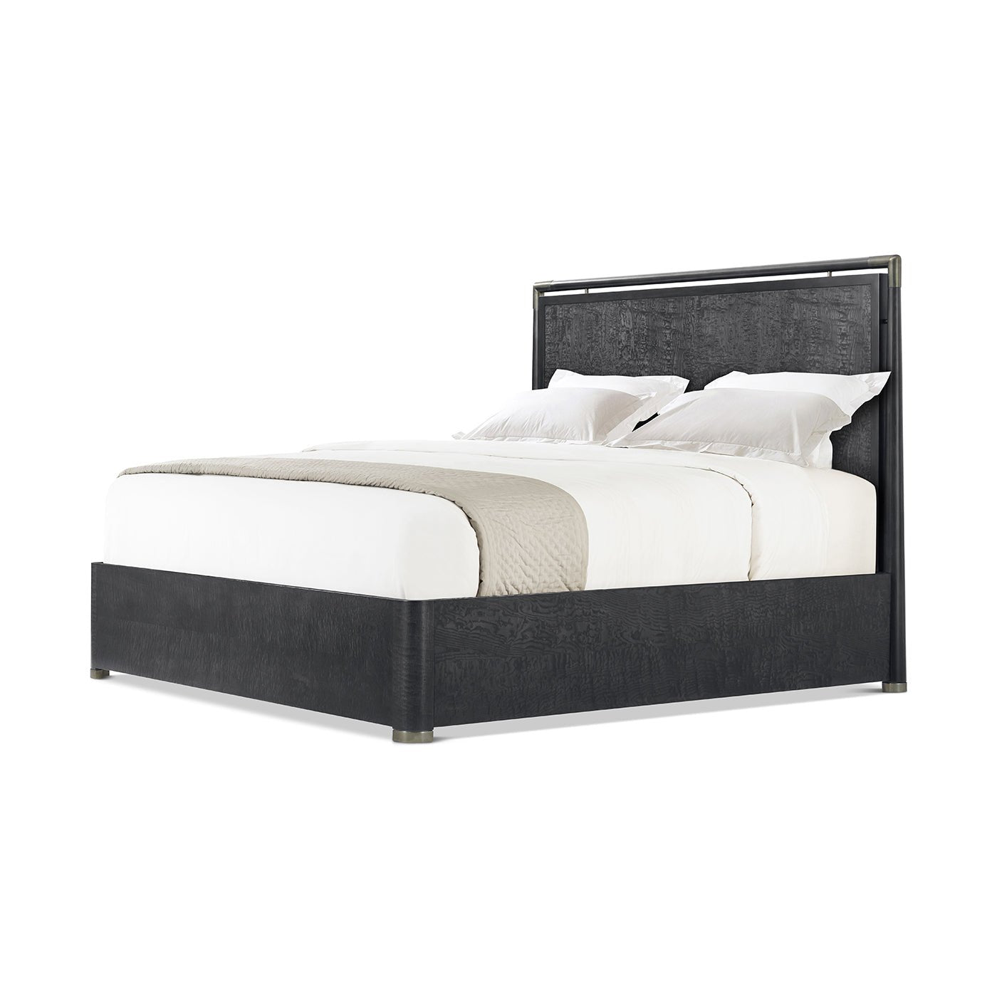 Angled side view of black mid-century style bed.