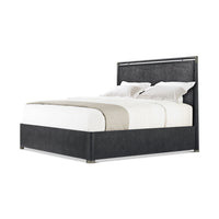 Angled side view of black mid-century style bed.