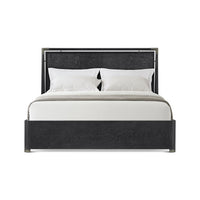 Front view of black mid-century bed with white bedding.