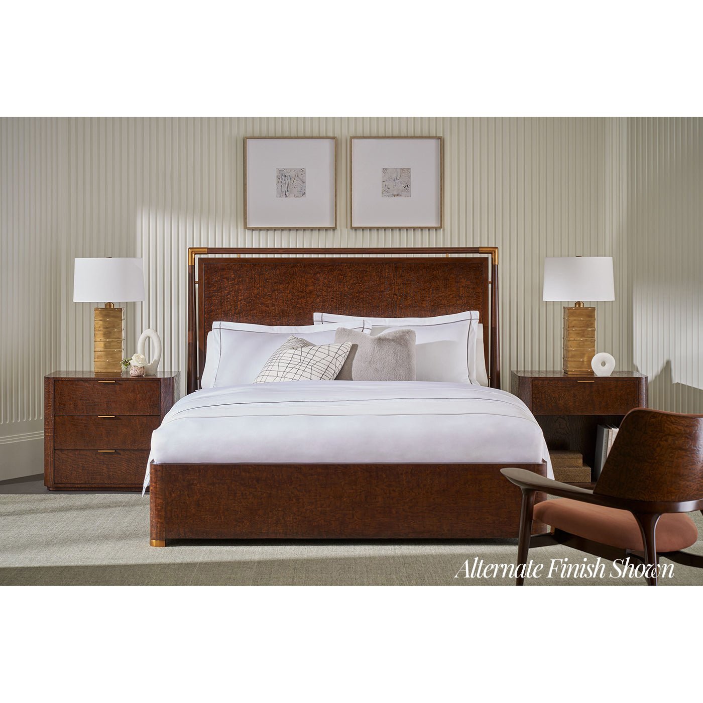 Mid-century bedroom with alternate finish bed, lamps, and decor.