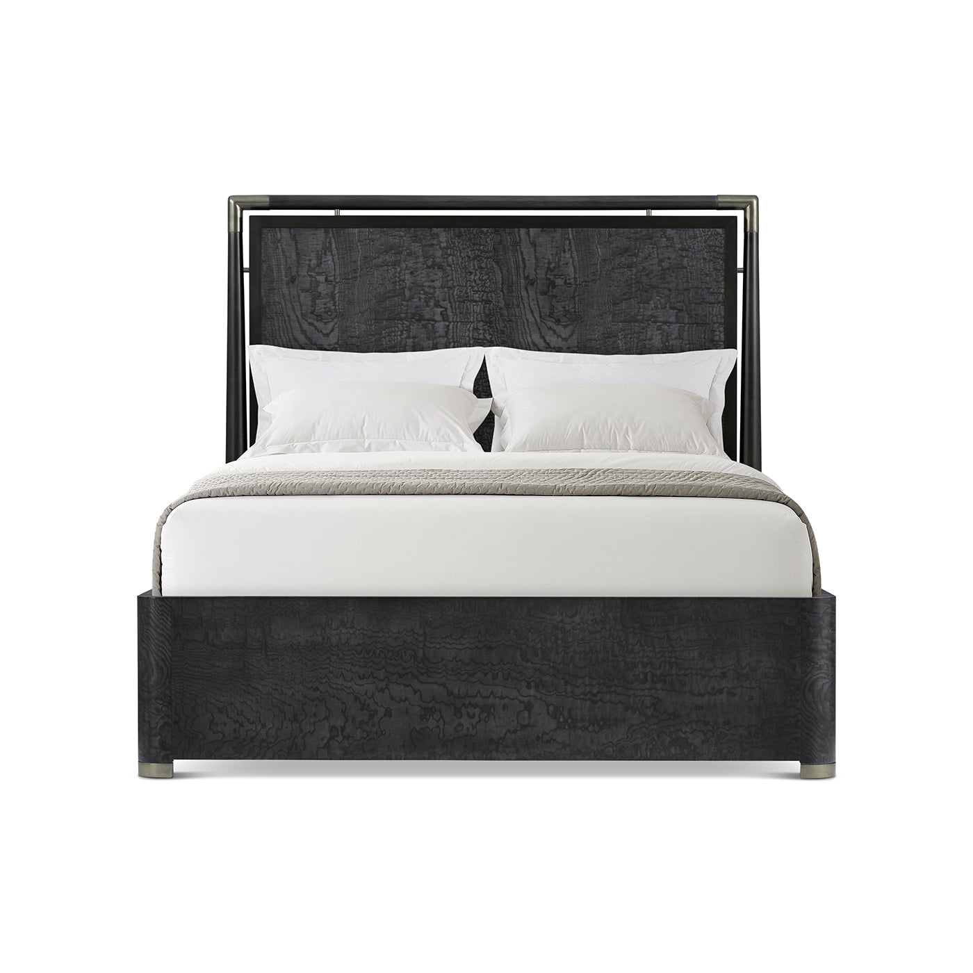 Black mid-century bed front view, textured headboard detail.