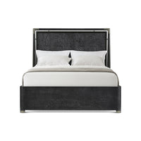 Black mid-century bed front view, textured headboard detail.