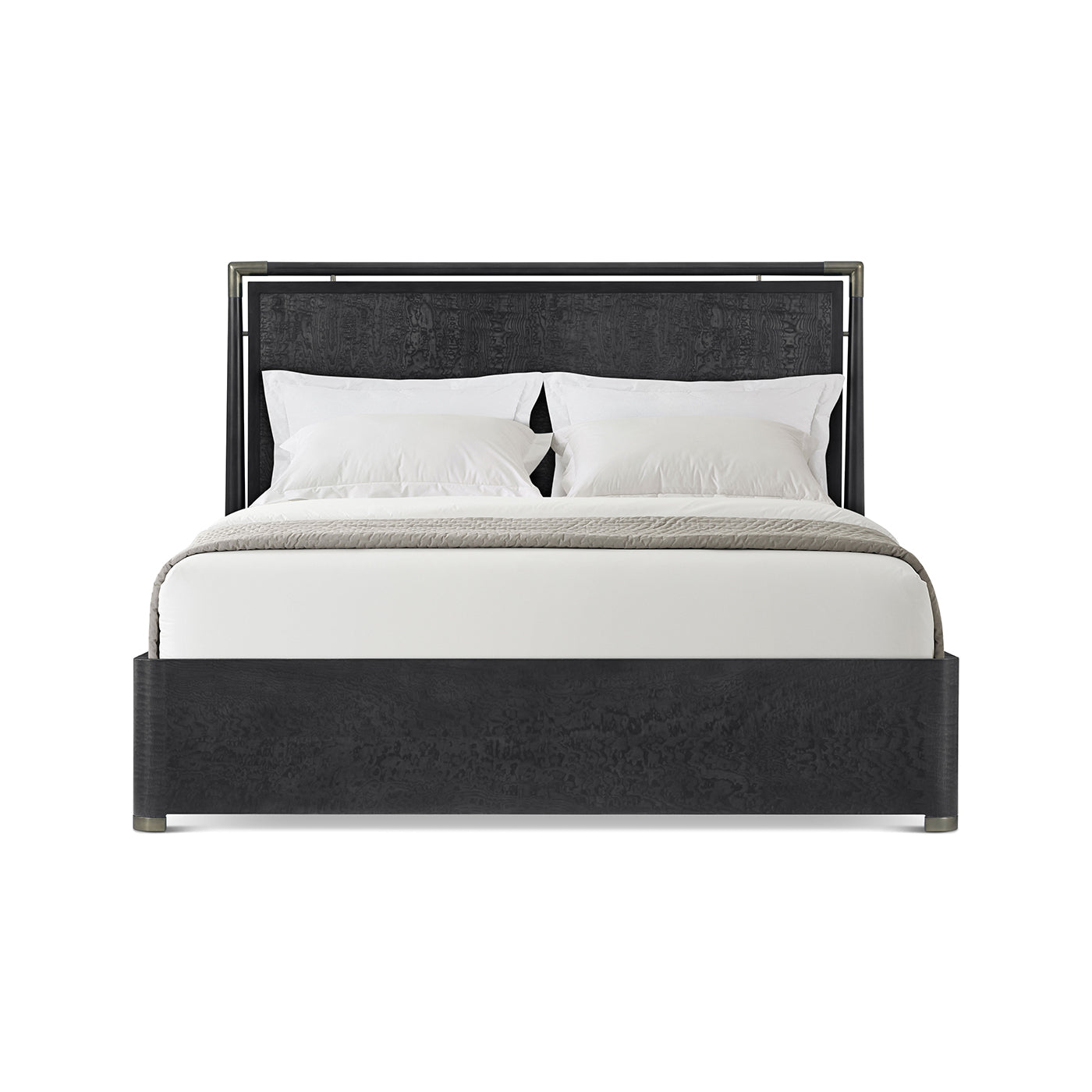 Front view of black mid-century style bed, stylish design.