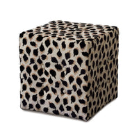 Black ocelot cube ottoman angled view pattern detail.