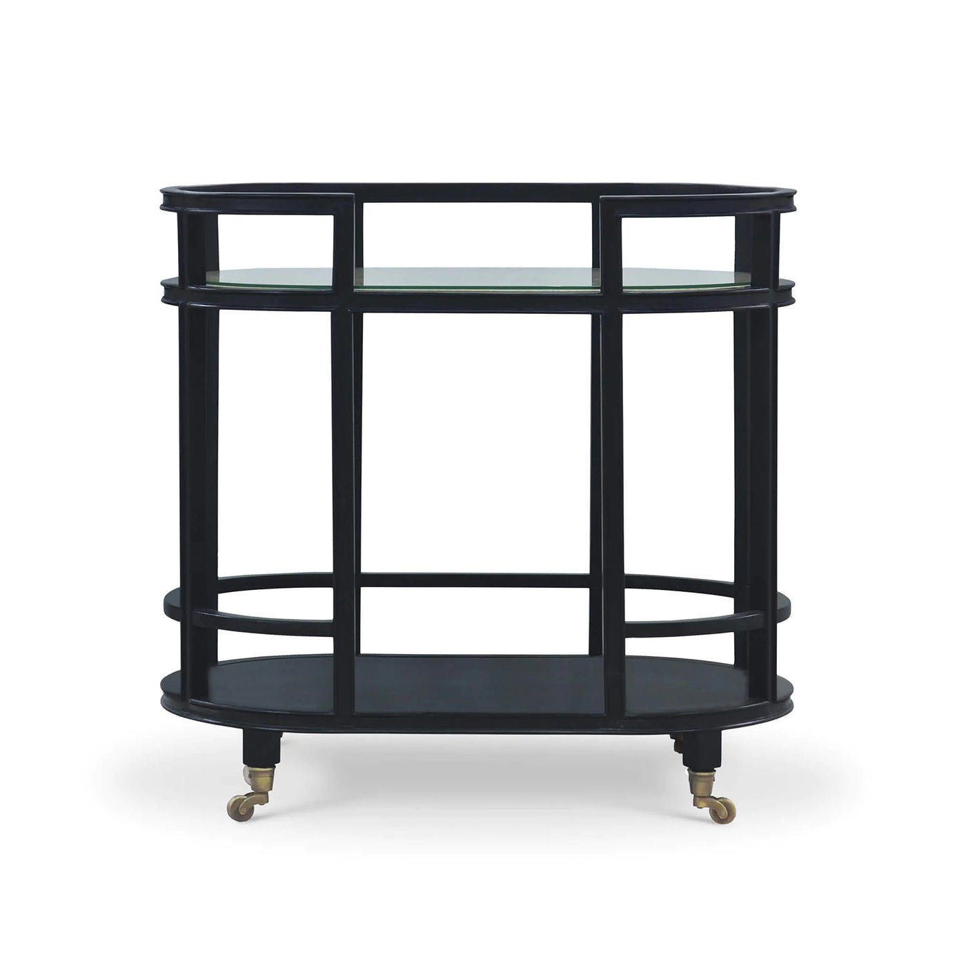 Black coastal bar cart, front view, open-frame design.