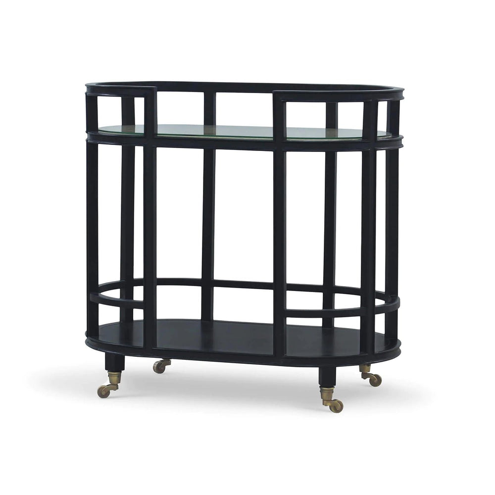 Black coastal style bar cart, angled view, on wheels.