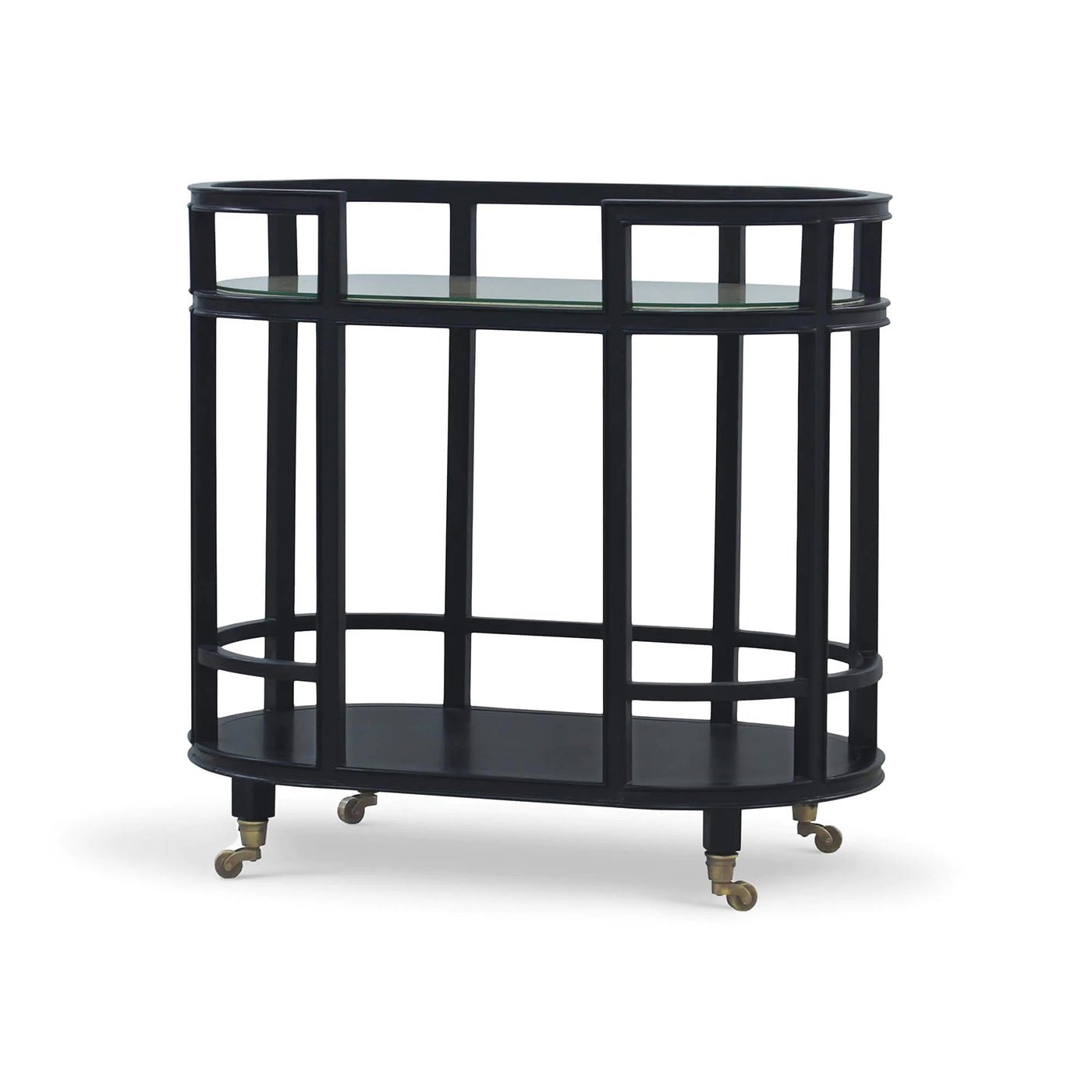 Black coastal style bar cart, angled view, on wheels.