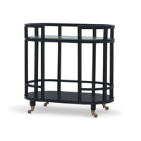 Black coastal style bar cart, angled view, on wheels.