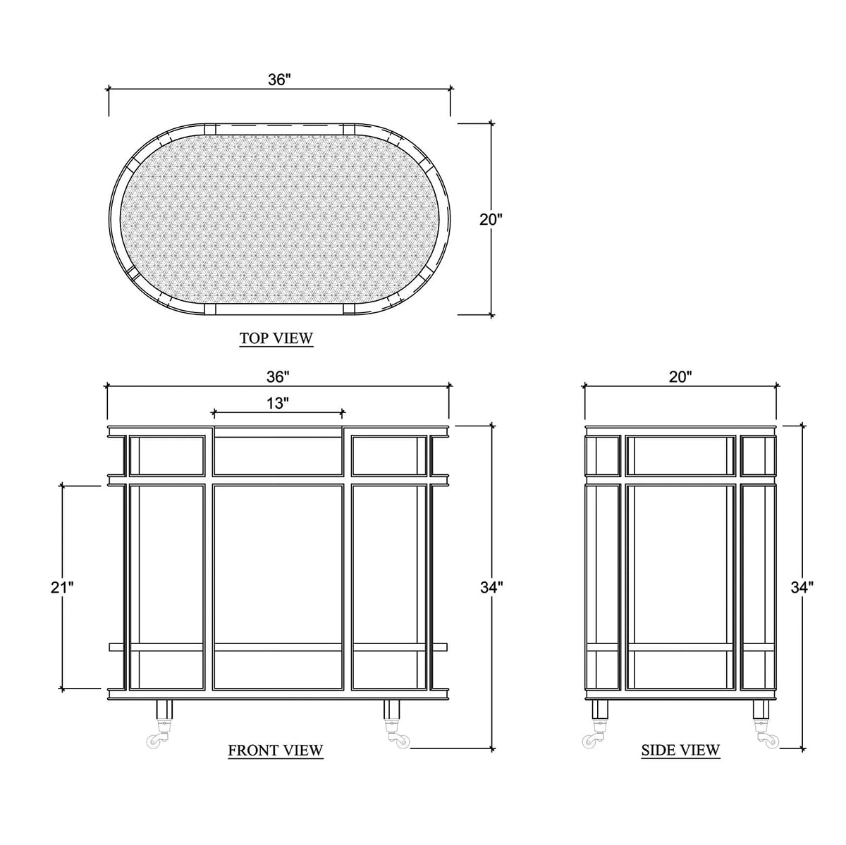 Bar cart technical drawing, dimensions, top and side views.