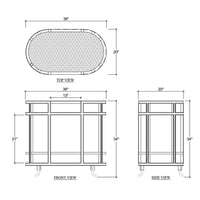 Bar cart technical drawing, dimensions, top and side views.