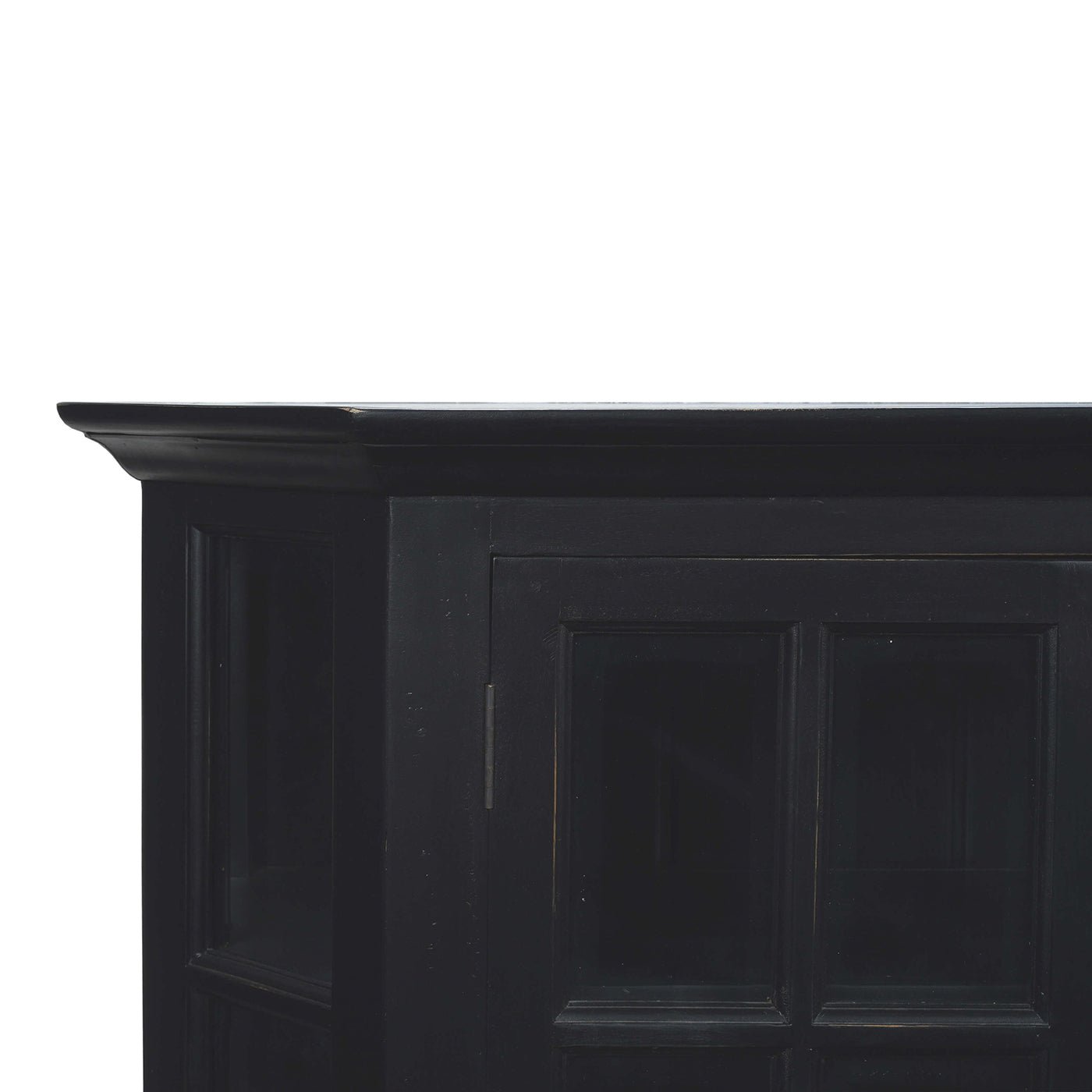 Black display cabinet, top corner detail.