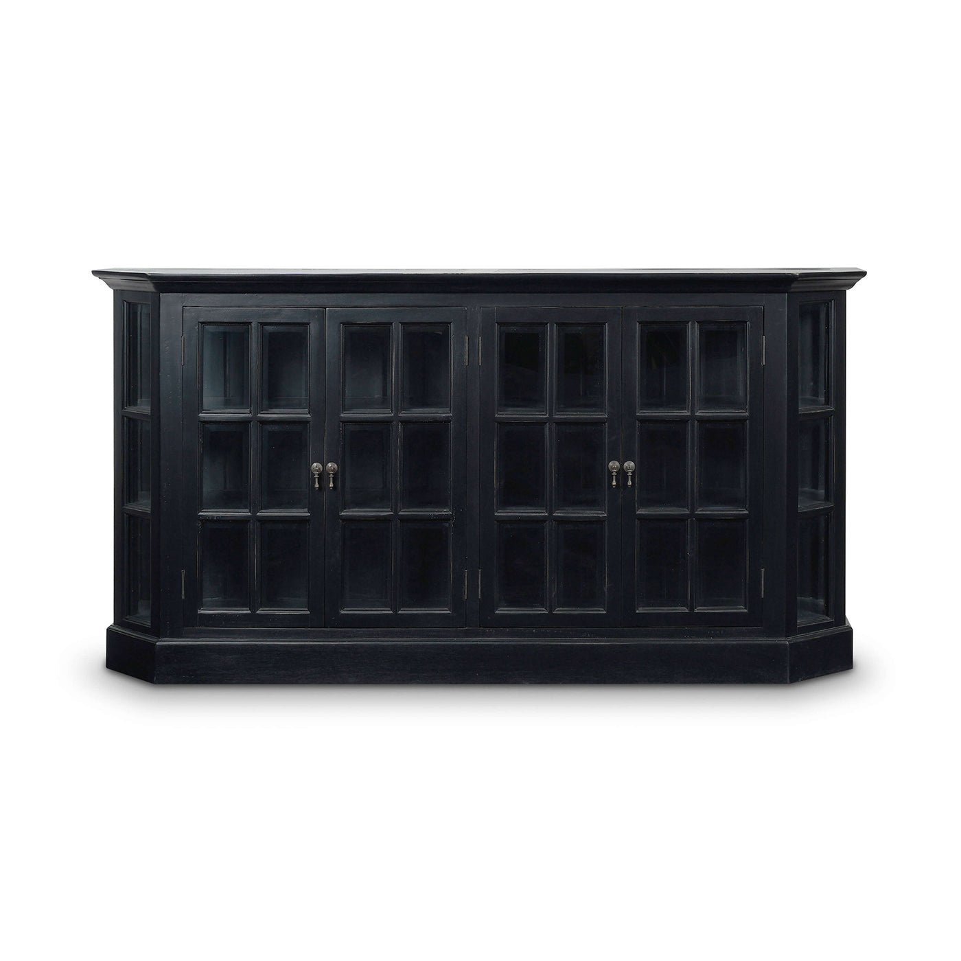 Black display cabinet, front view, closed doors.
