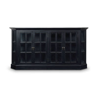 Black display cabinet, front view, closed doors.