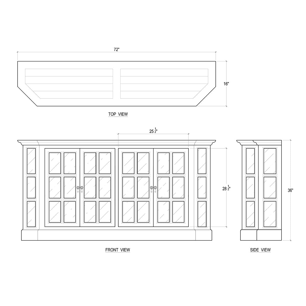 Black display cabinet, design blueprint with dimensions.
