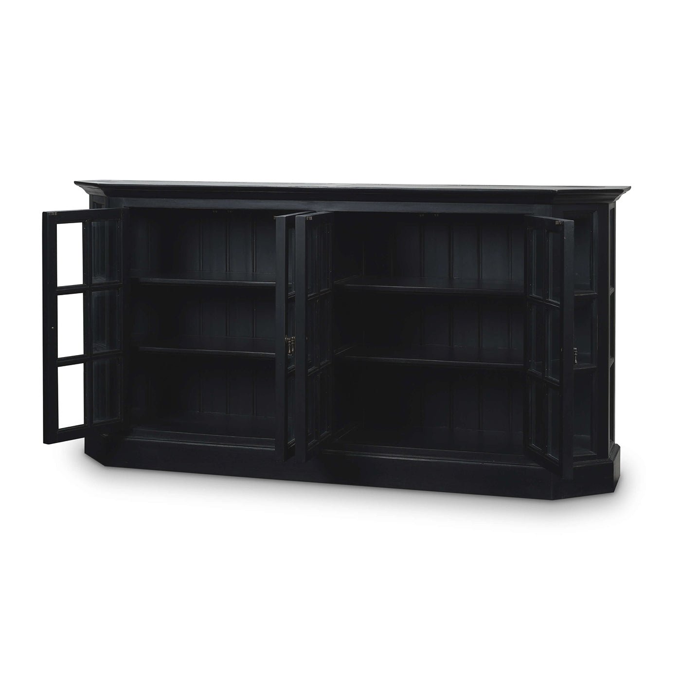 Black display cabinet, interior shelves shown.