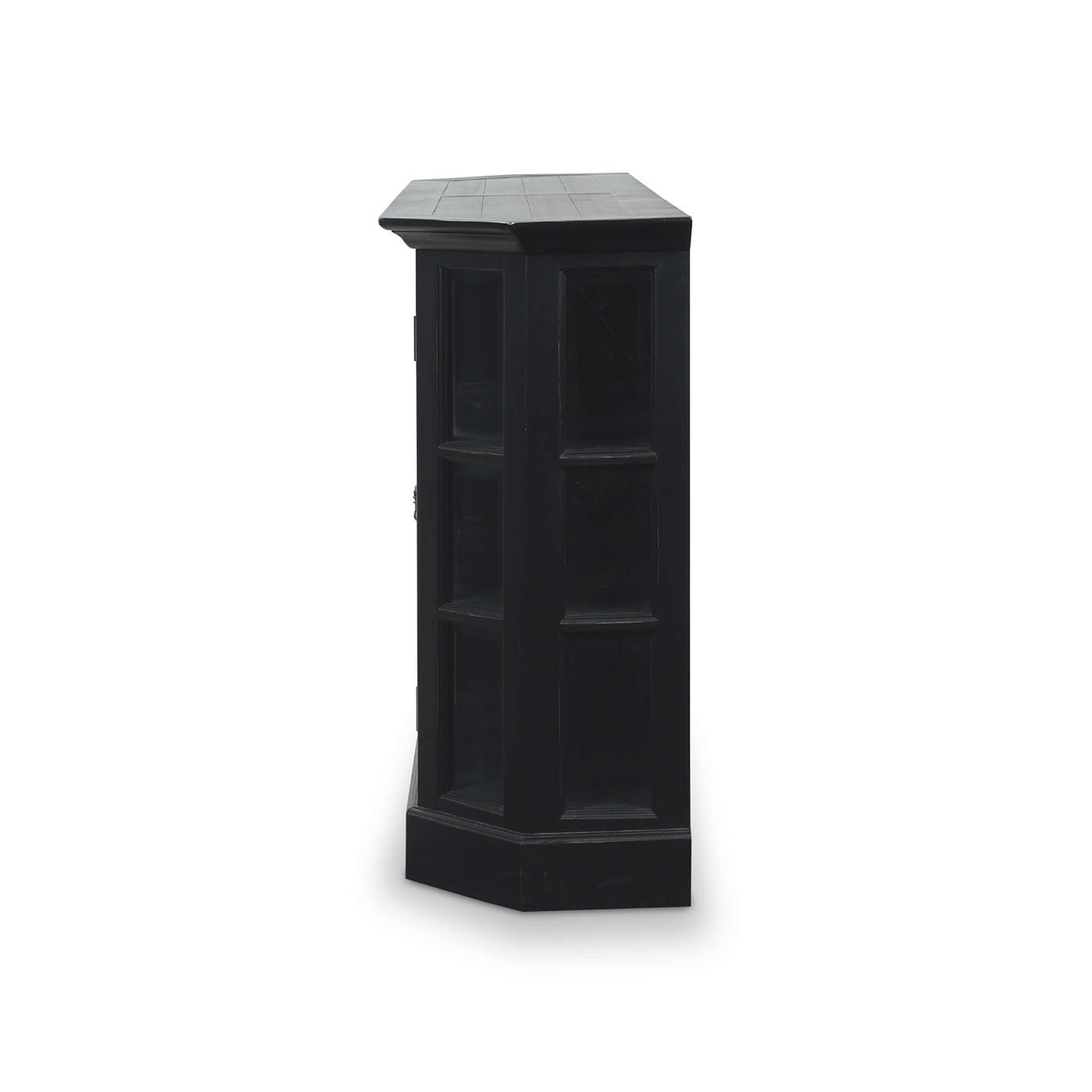 Black display cabinet, side profile view.