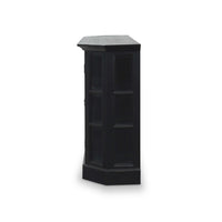 Black display cabinet, side profile view.