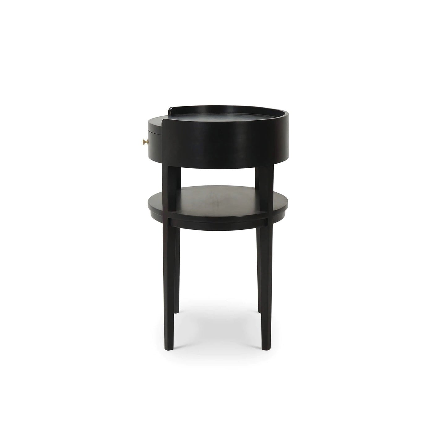 Black oval side table profile view.