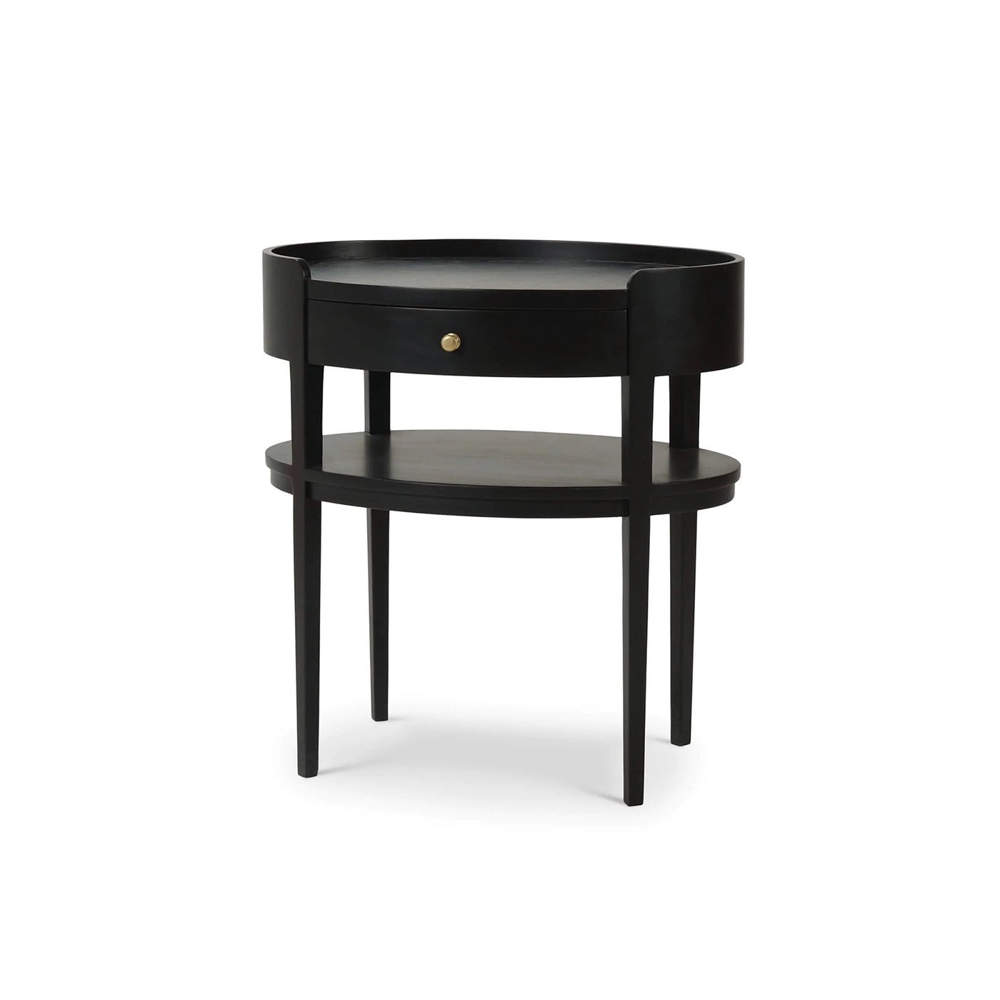 Black oval side table front angled view.