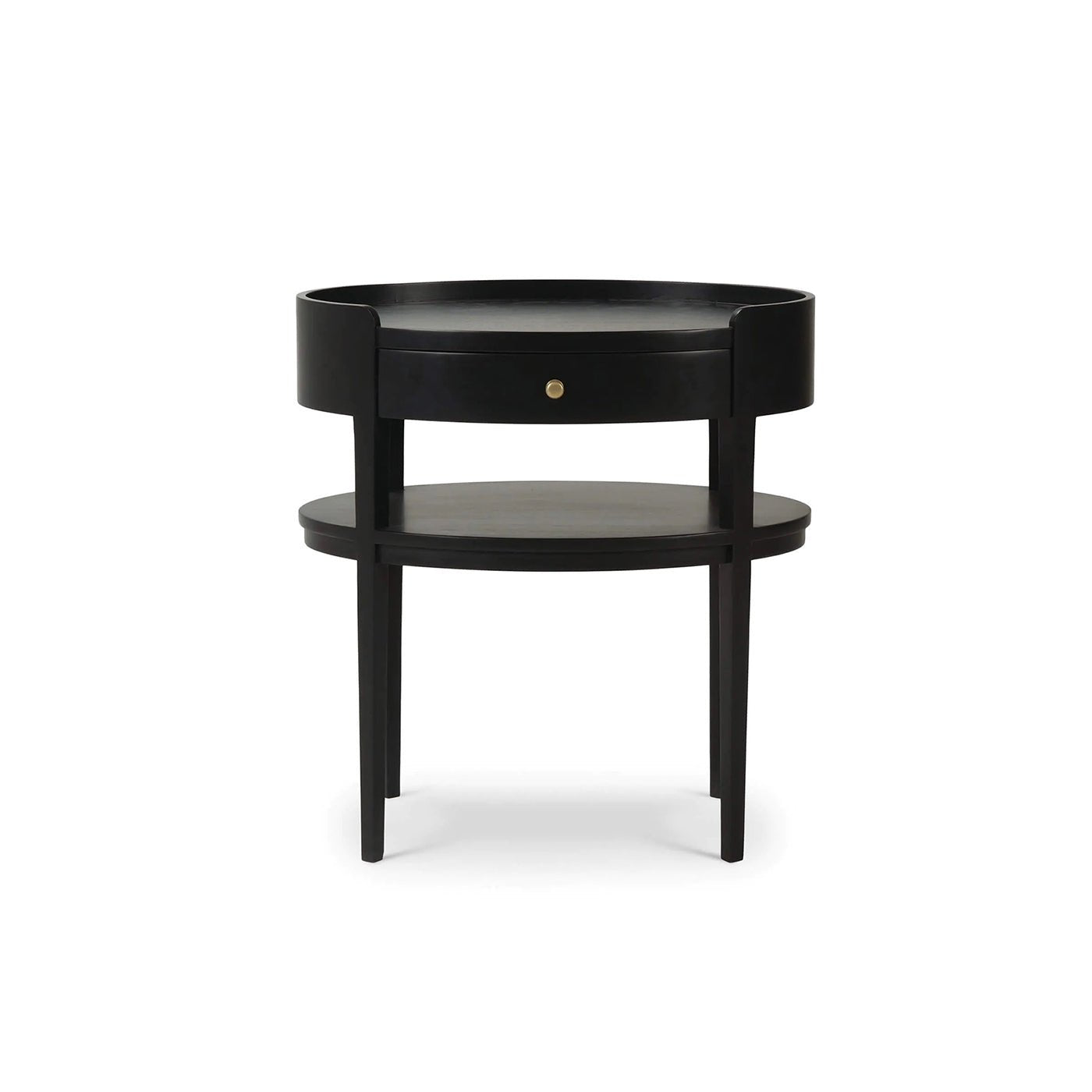 Black oval side table front view.