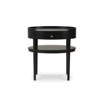 Black oval side table front view.