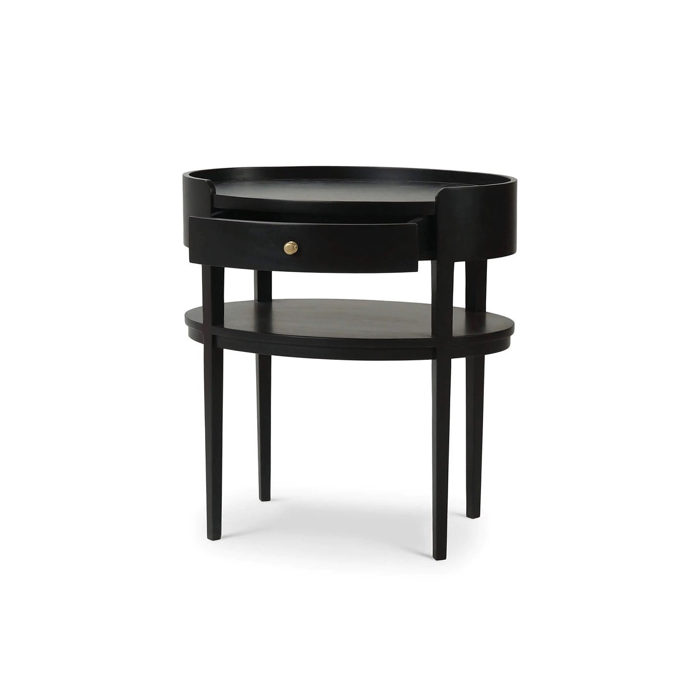 Black oval side table side angled view.