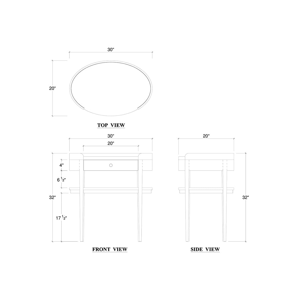 Dimensions diagram of black oval side table.
