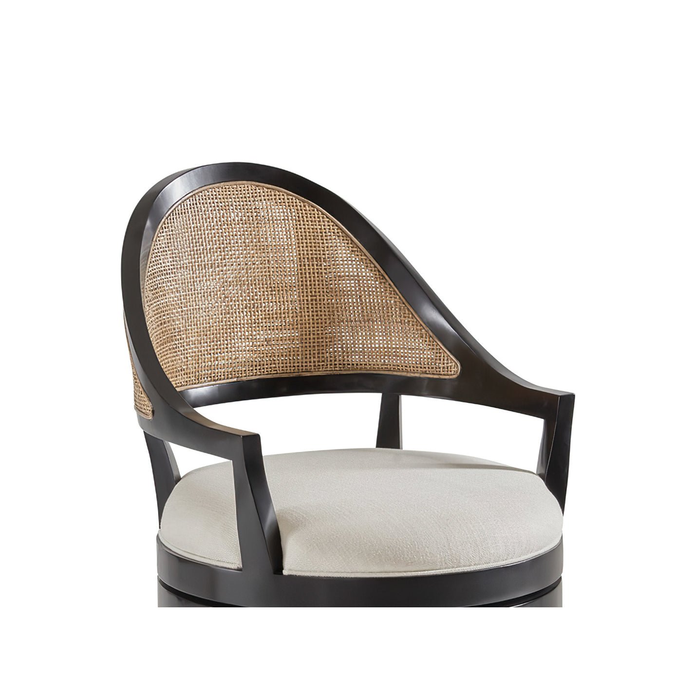 Close-up of black swivel counter stool seat and back.