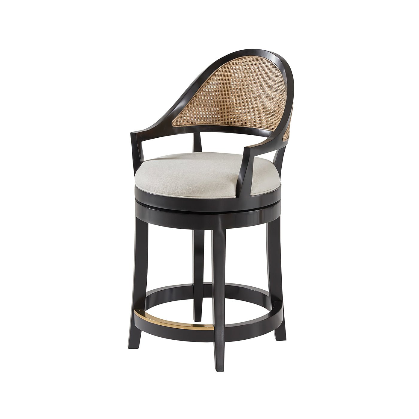 Black swivel counter stool with wicker back detail.