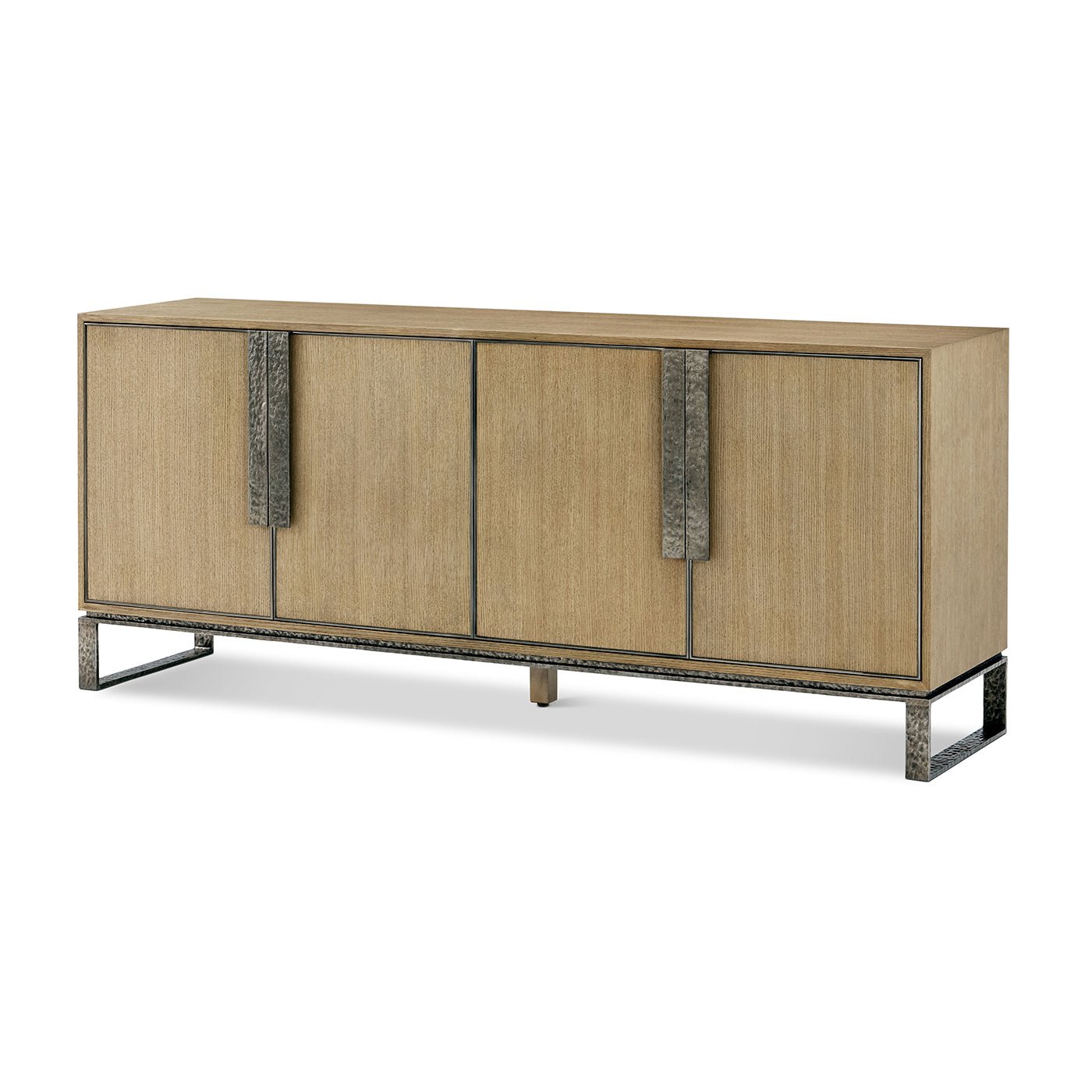 Blonde wood industrial media cabinet angled view.