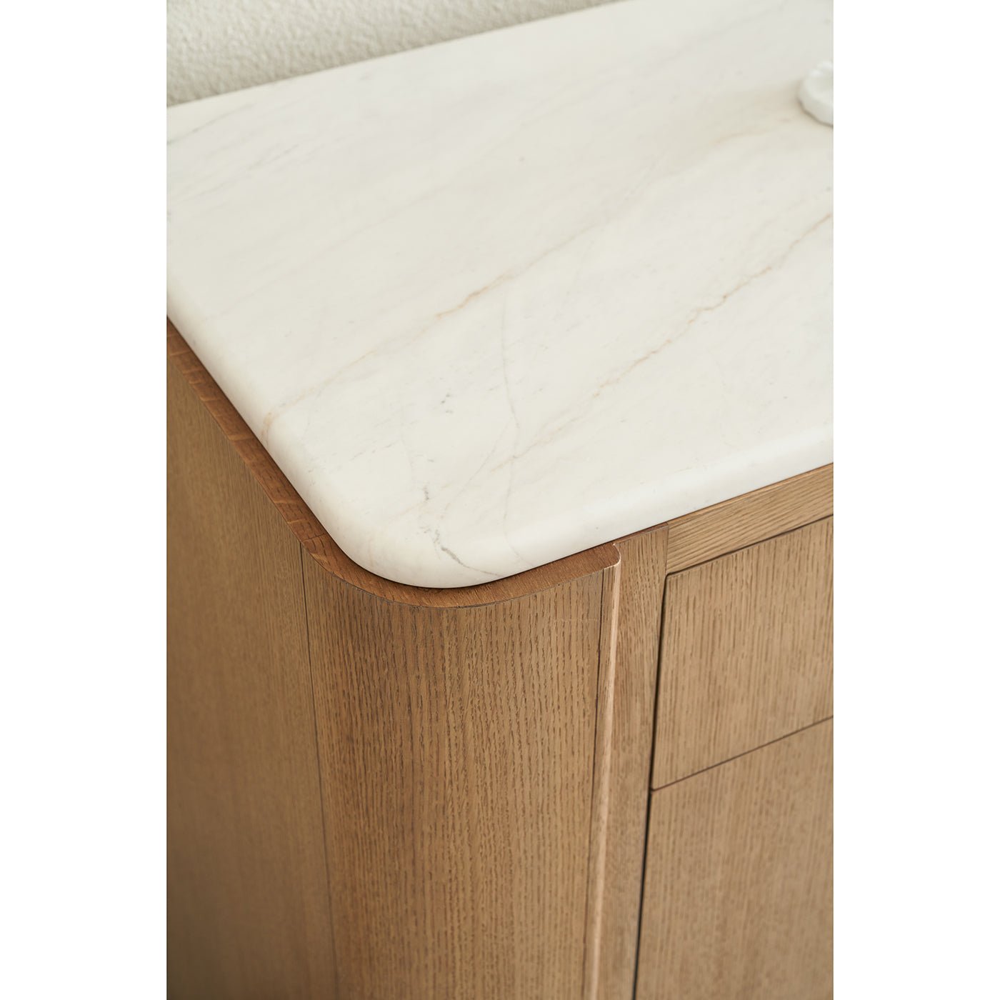 Another corner view of buffet's marble surface.