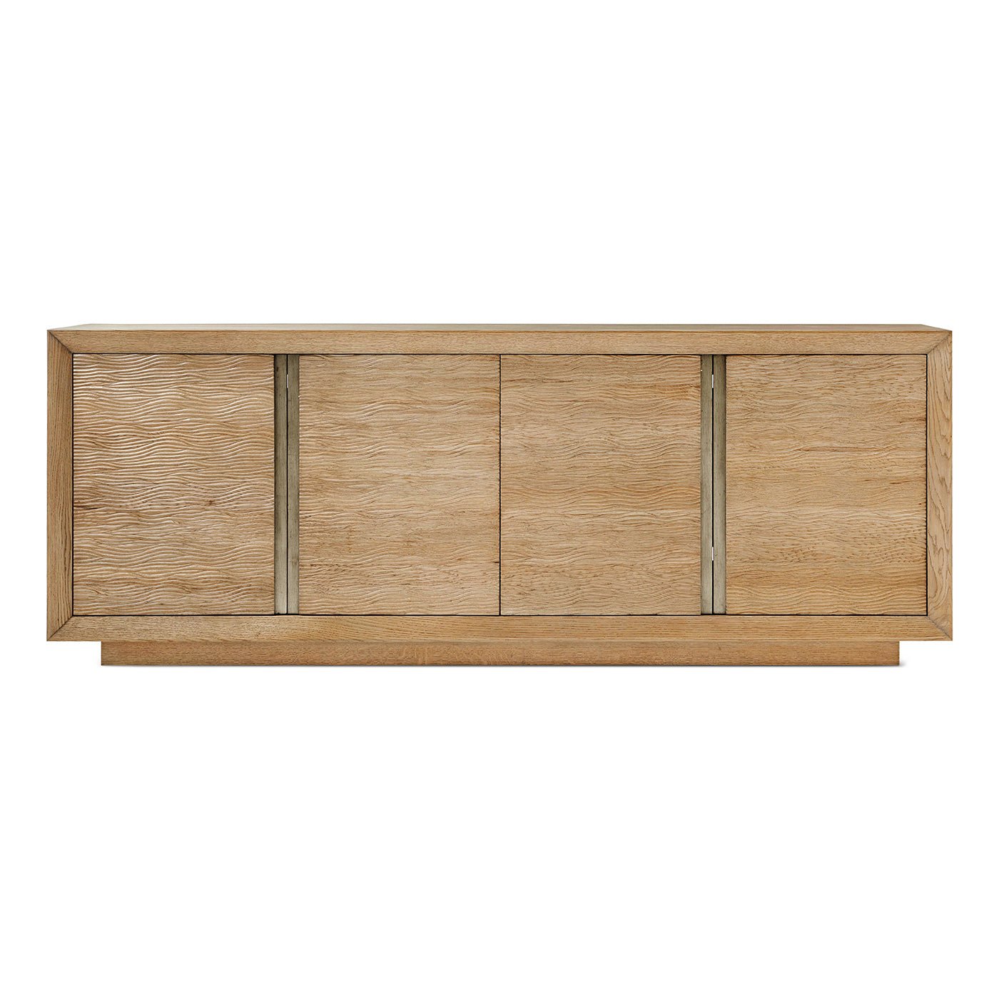 Front view of blonde wooden media cabinet with minimalist design.