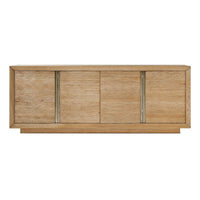 Front view of blonde wooden media cabinet with minimalist design.