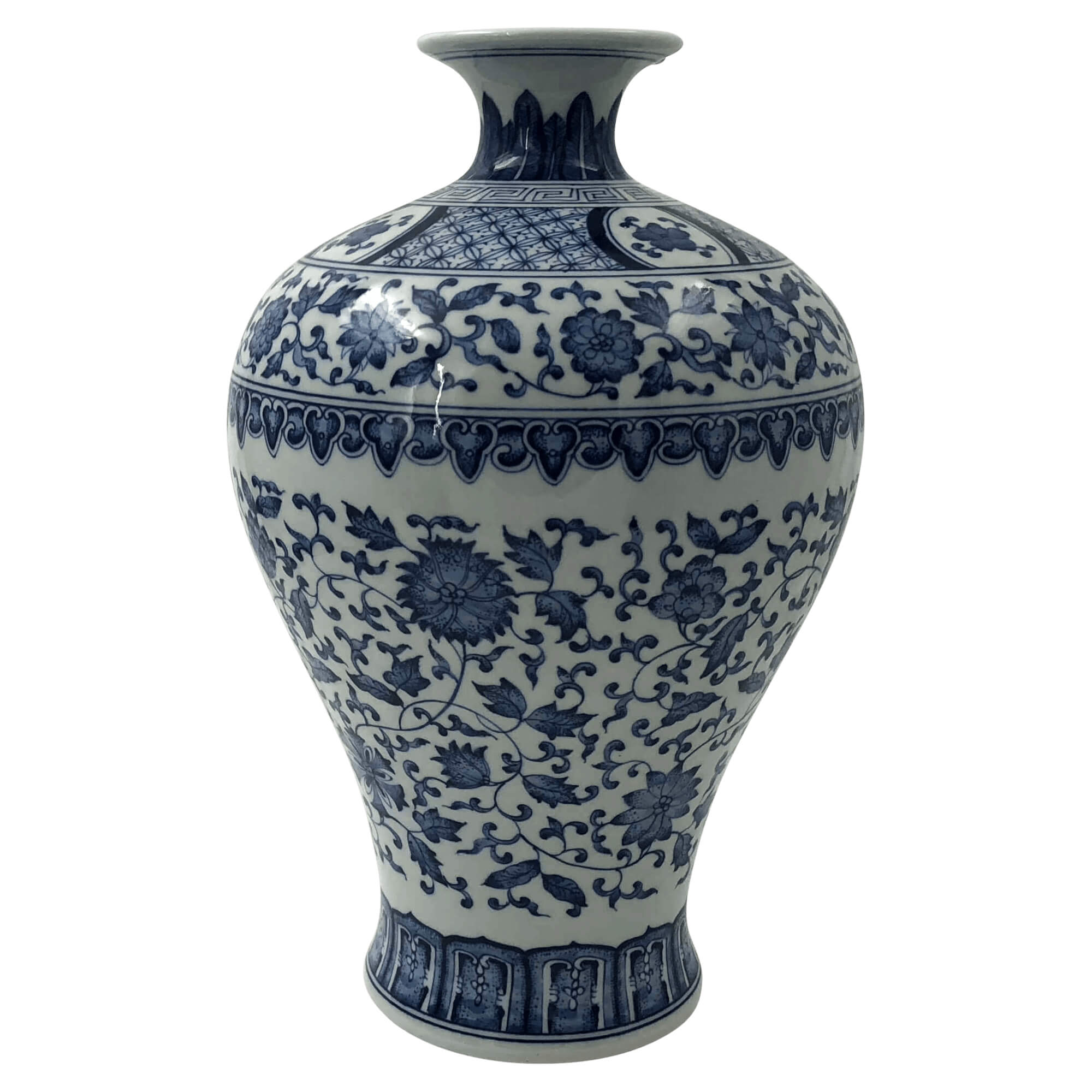Blue and white Chinese porcelain peach vase with floral design.