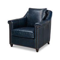 Blue leather accent chair front left angle view