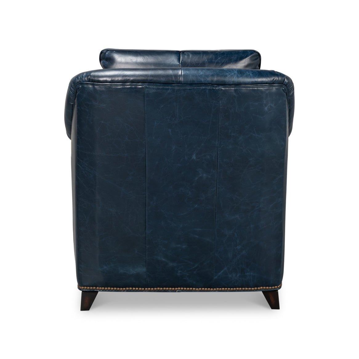 Back view of blue leather accent chair