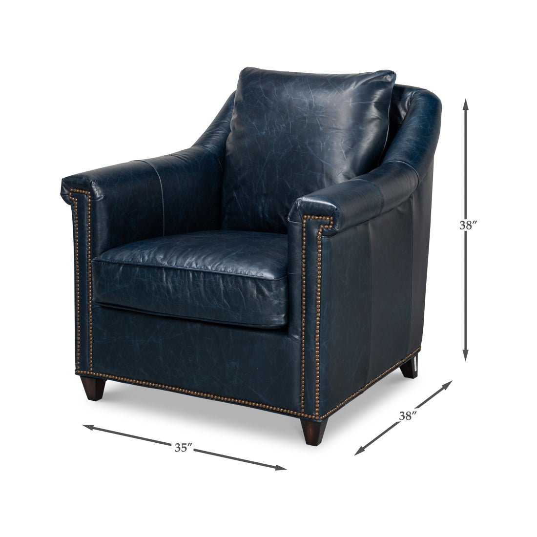 Dimensions of blue leather accent chair labeled