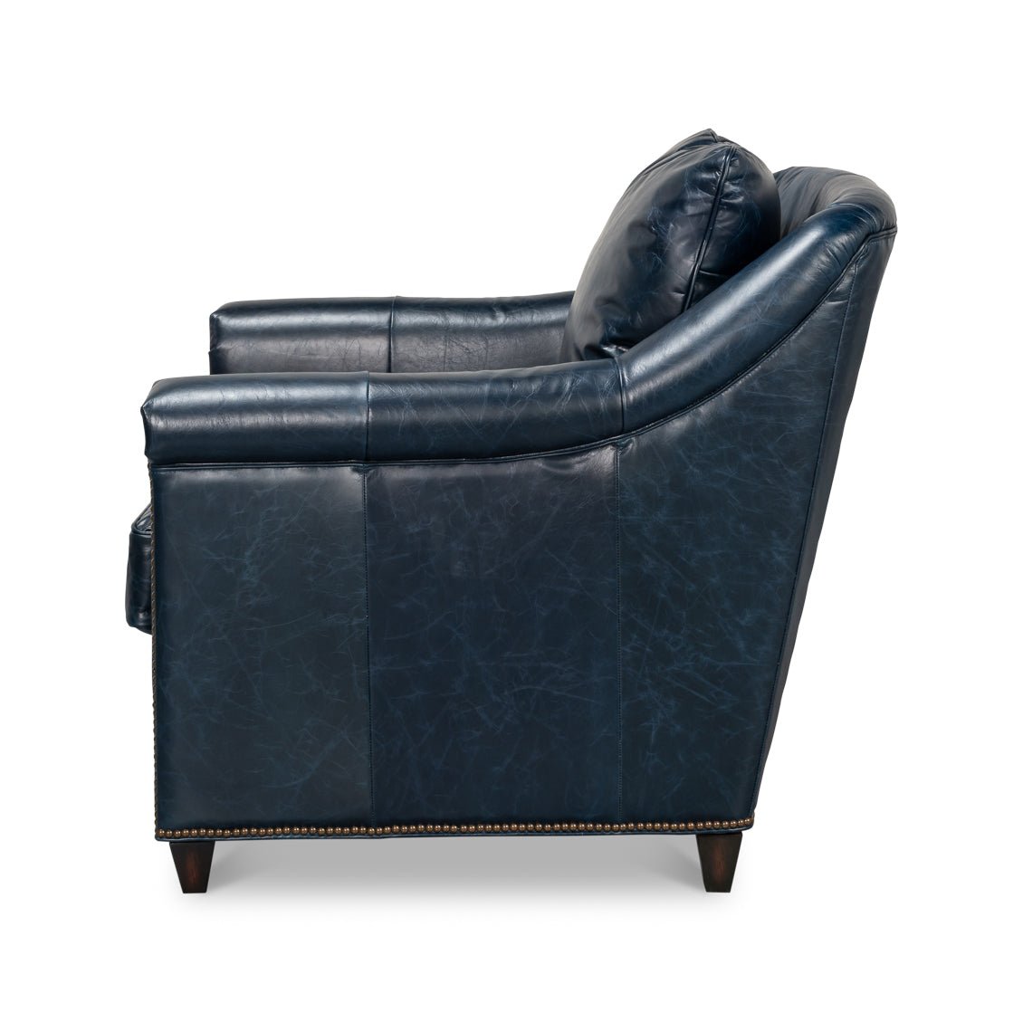 Blue leather accent chair side profile view