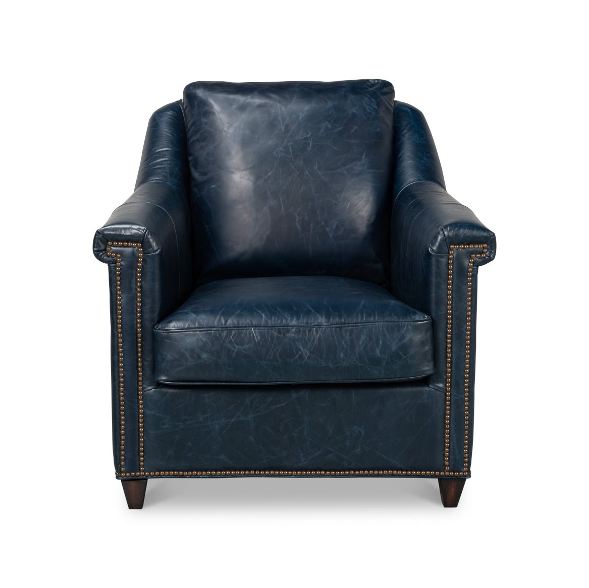 Blue leather accent chair front view with cushion