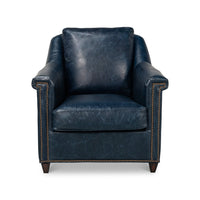 Blue leather accent chair front view with cushion