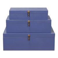 Blue Leather Nesting Boxes with Brass Tassels, Set of 3