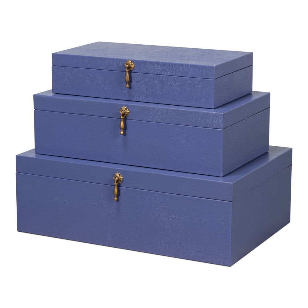 Blue Leather Nesting Boxes with Brass Tassels, Set of 3