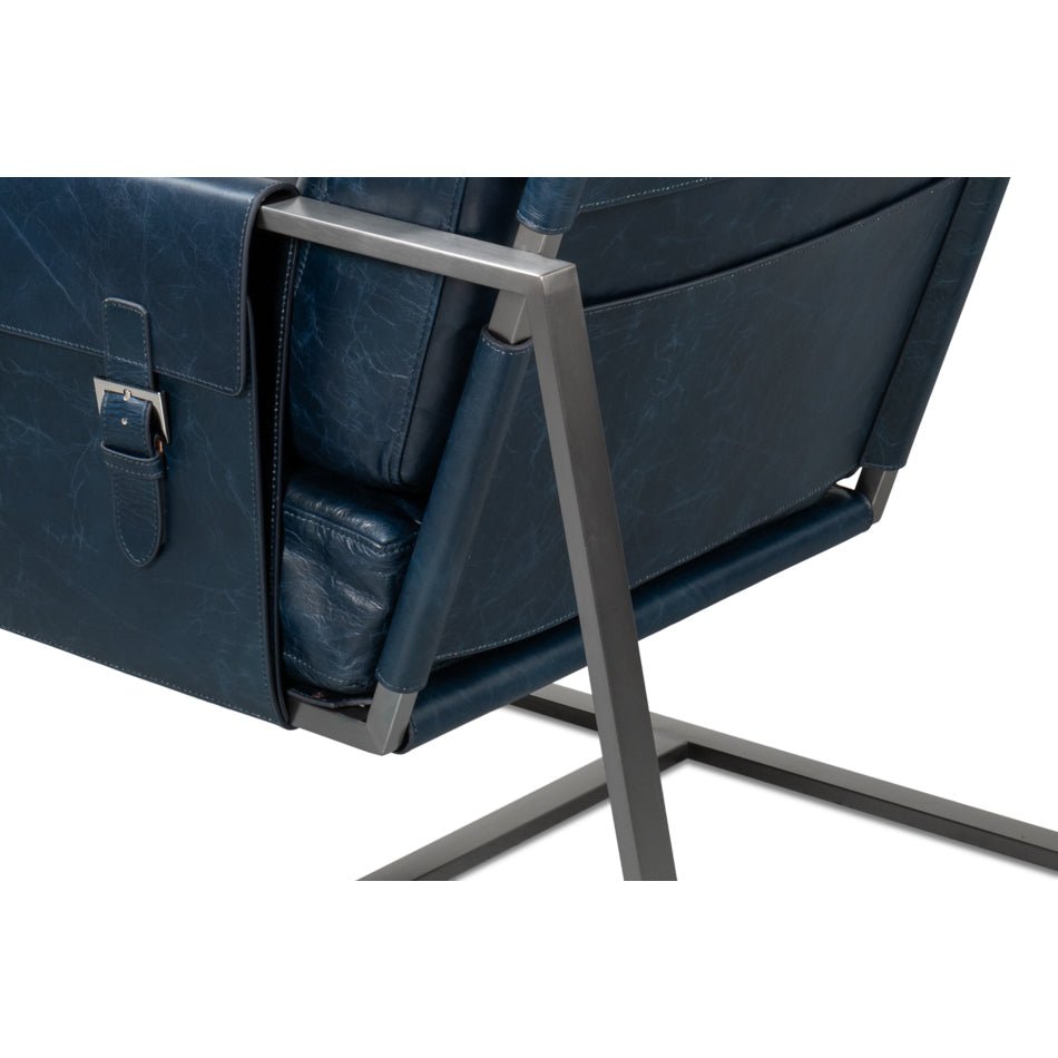 Metal frame detail with leather, accent chair.