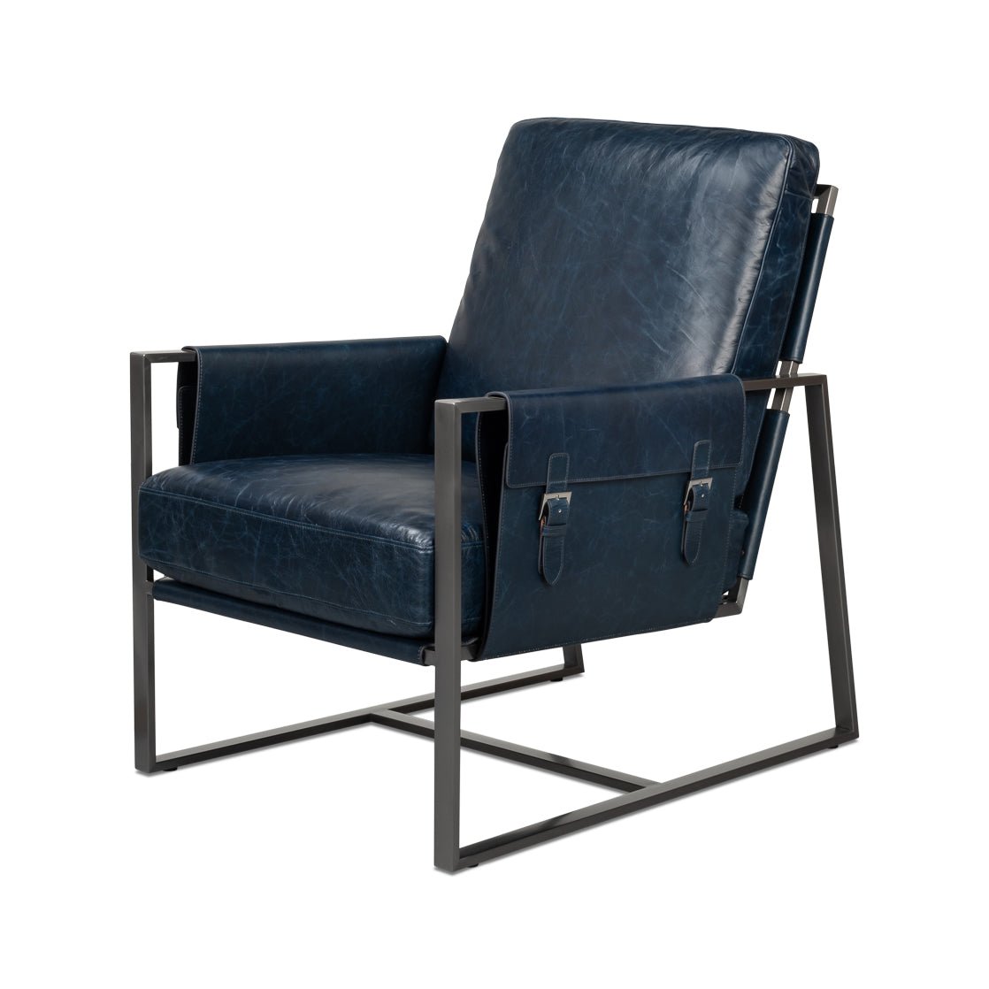 Blue leather accent chair, angled front view.