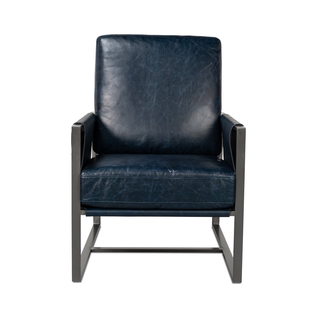 Blue leather accent chair, front view.