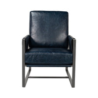 Blue leather accent chair, front view.