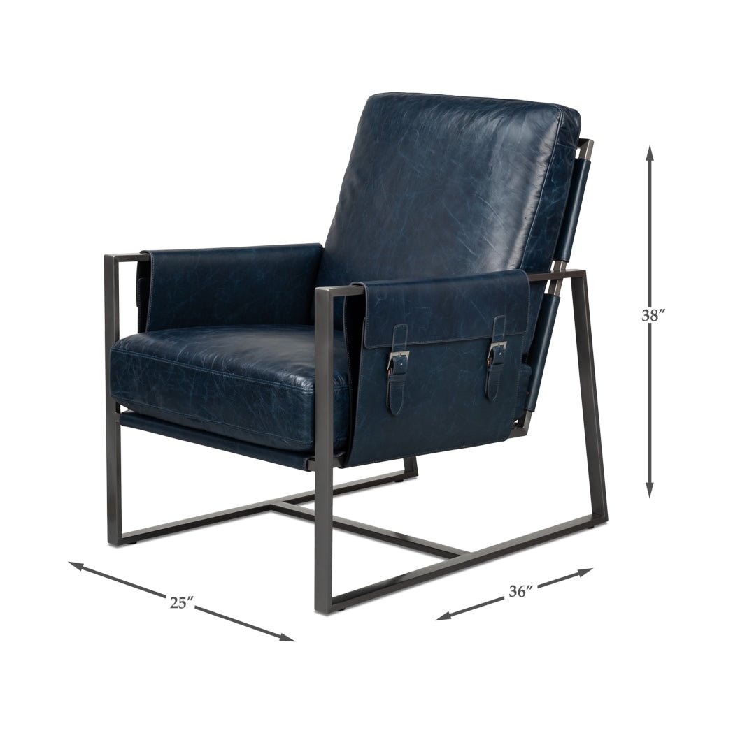Blue leather accent chair dimensions, angled front view.